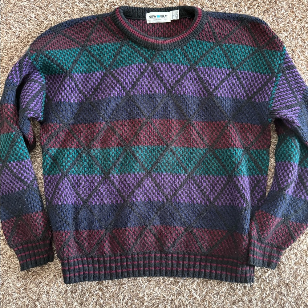 Vintage 80s/90s Knit New Era Striped Sweater Men's Large Grandpa Core Eclectic